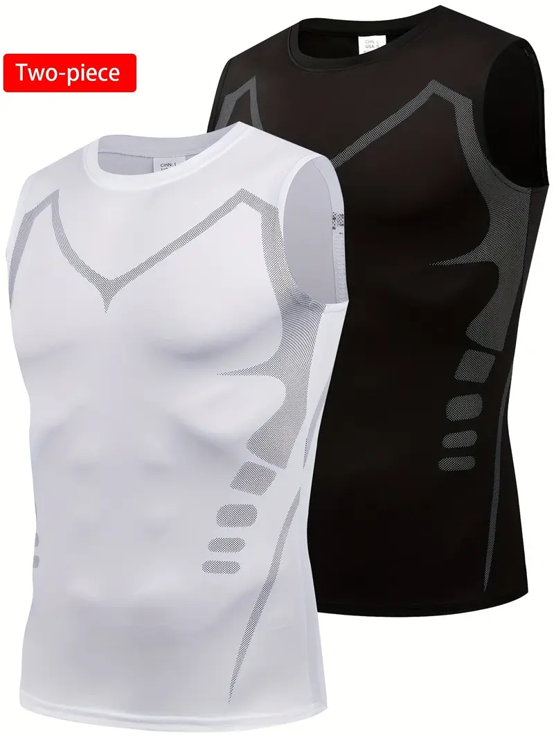 Jeebert Men's 2-Pack Athletic Tank Top - Quick Dry, Breathable & Shaping Compression Vest with Geometric Design