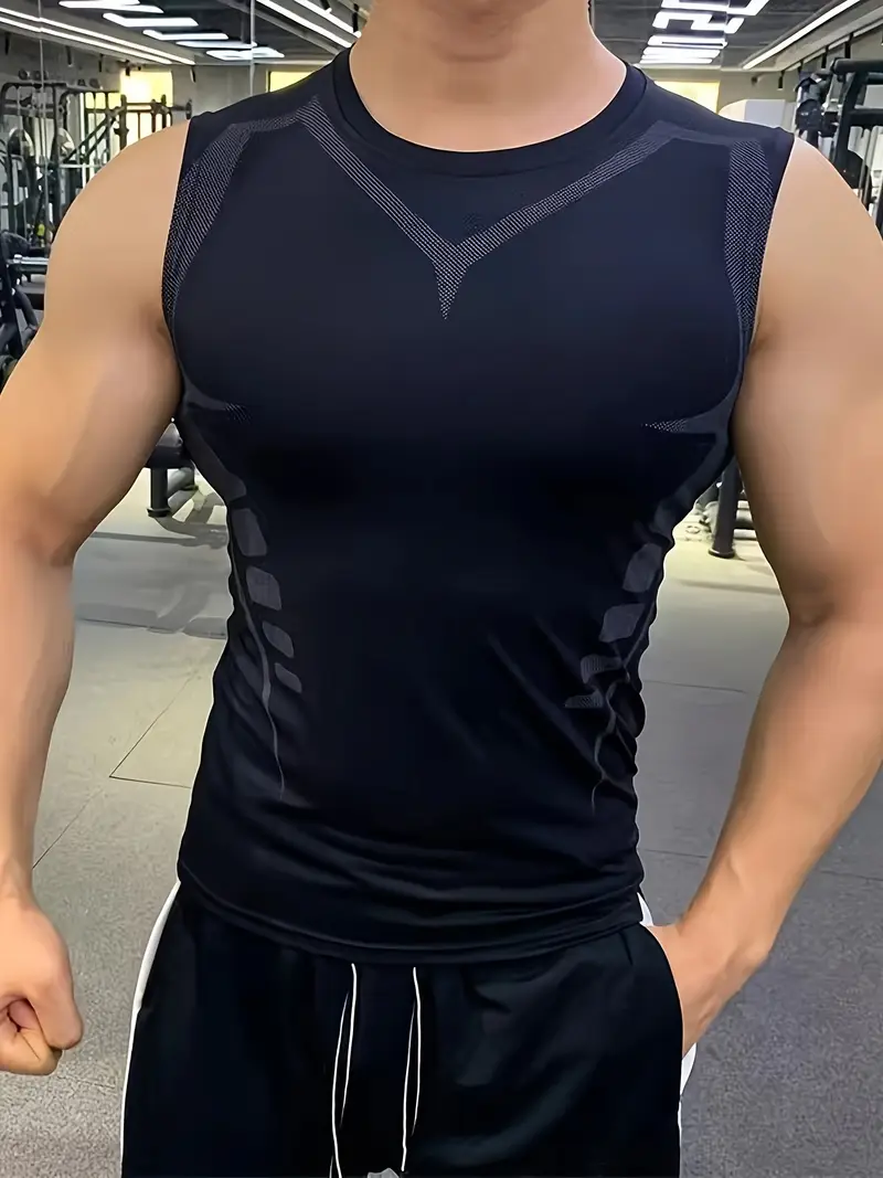 Men's Geometric Pattern Compression Tank Top, High Elasticity and Slim Fit Sports Vest, Moisture Wicking and Quick Drying Active Top, For Training, Basketball and Fitness Wear