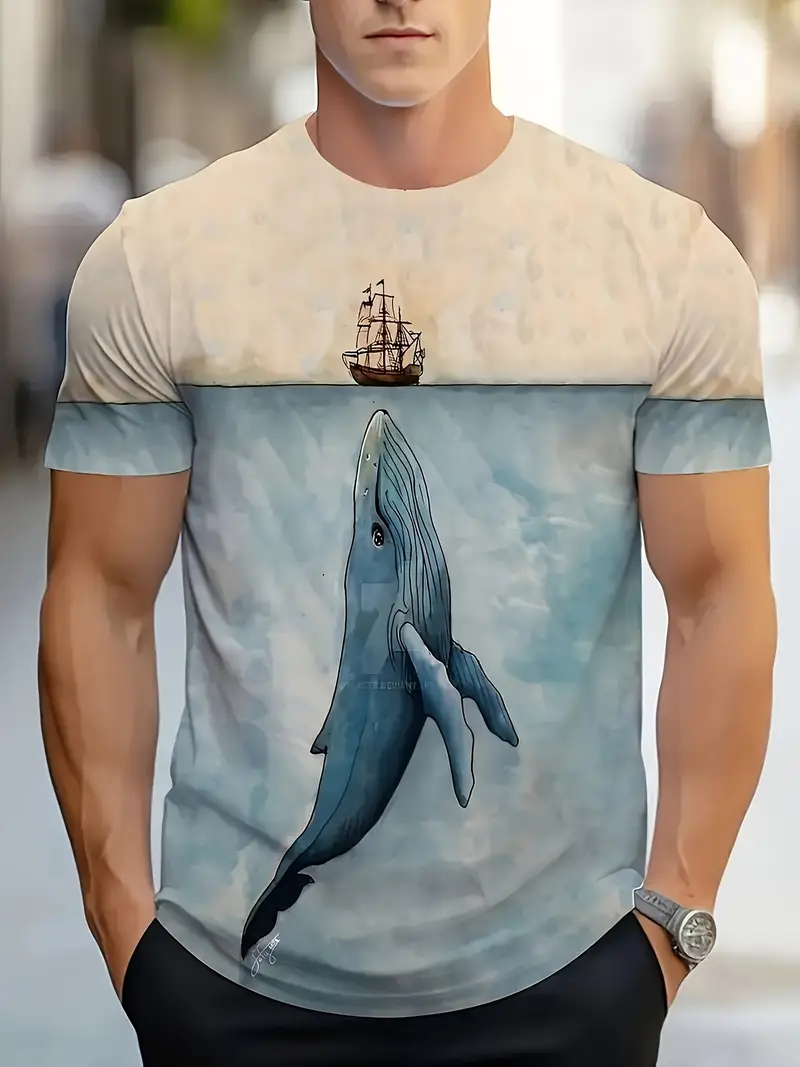 Men's 3D Digital Printed T-Shirt - Whale & Sailing Ship Design, Round Neck, Short Sleeve, Casual Summer Men's T-Shirt, Polyester Blend, Machine Washable, Travel T-Shirts