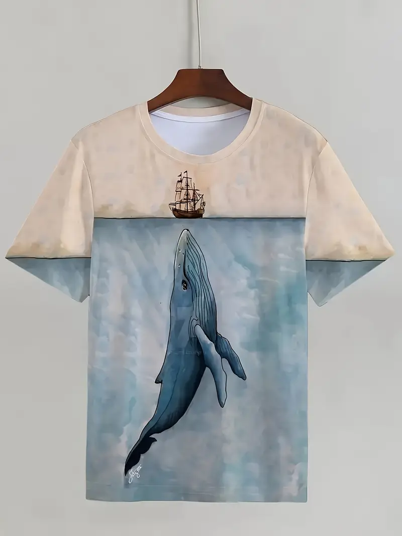 Men's 3D Digital Printed T-Shirt - Whale & Sailing Ship Design, Round Neck, Short Sleeve, Casual Summer Men's T-Shirt, Polyester Blend, Machine Washable, Travel T-Shirts