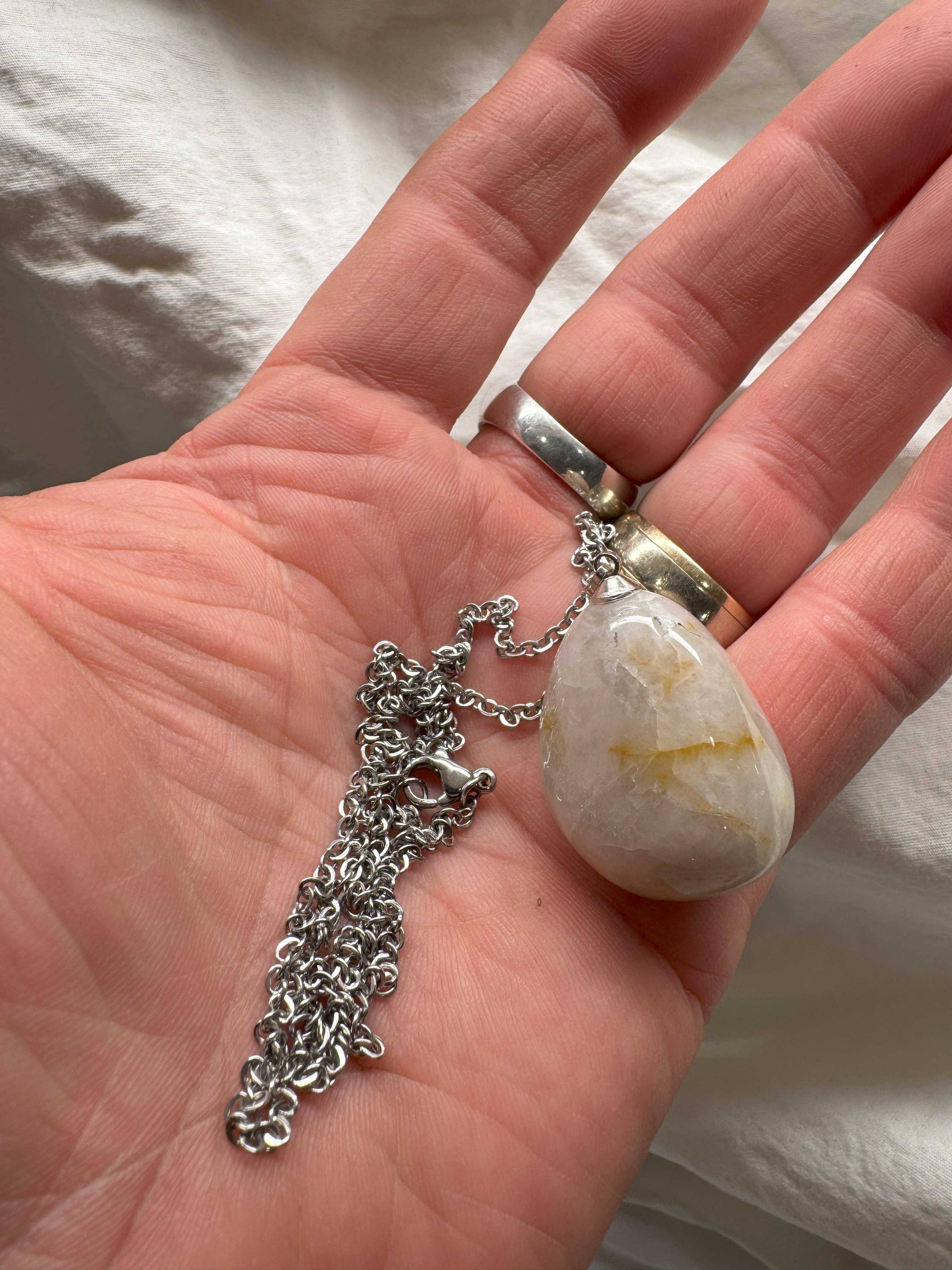 Milky Quartz Pendant with Stainless Steel Chain