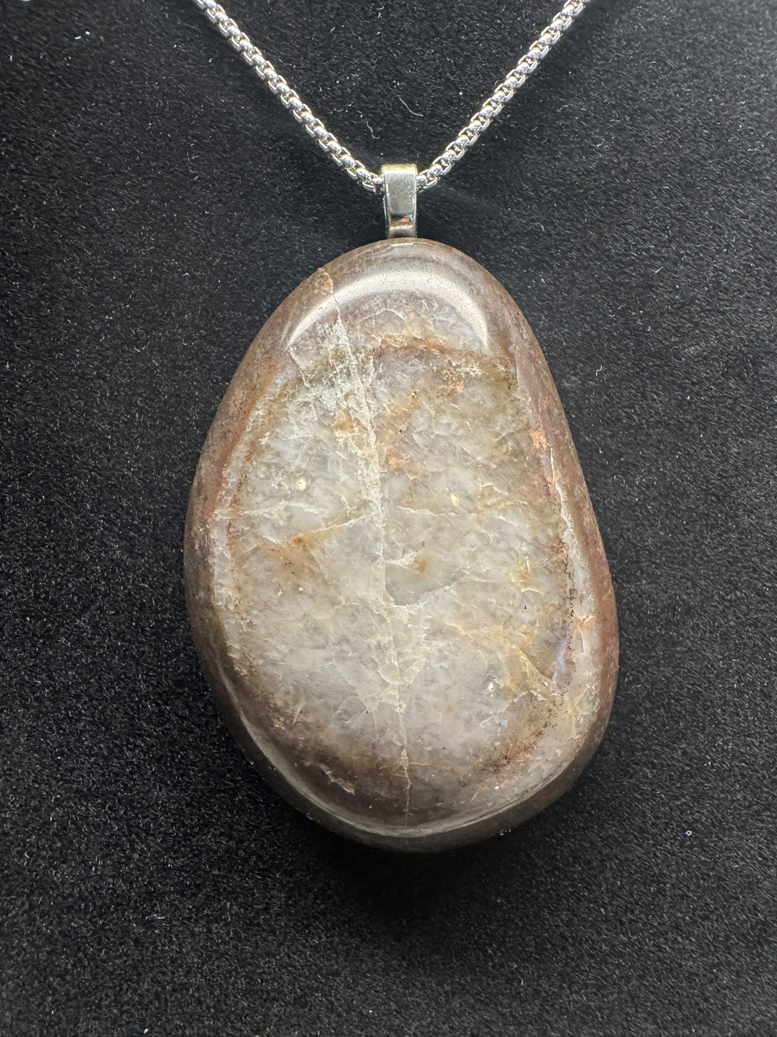 Quartz and Basalt Stone Pendant Necklace ~2.25"x1.5" (choose link chain or snake chain in options)
