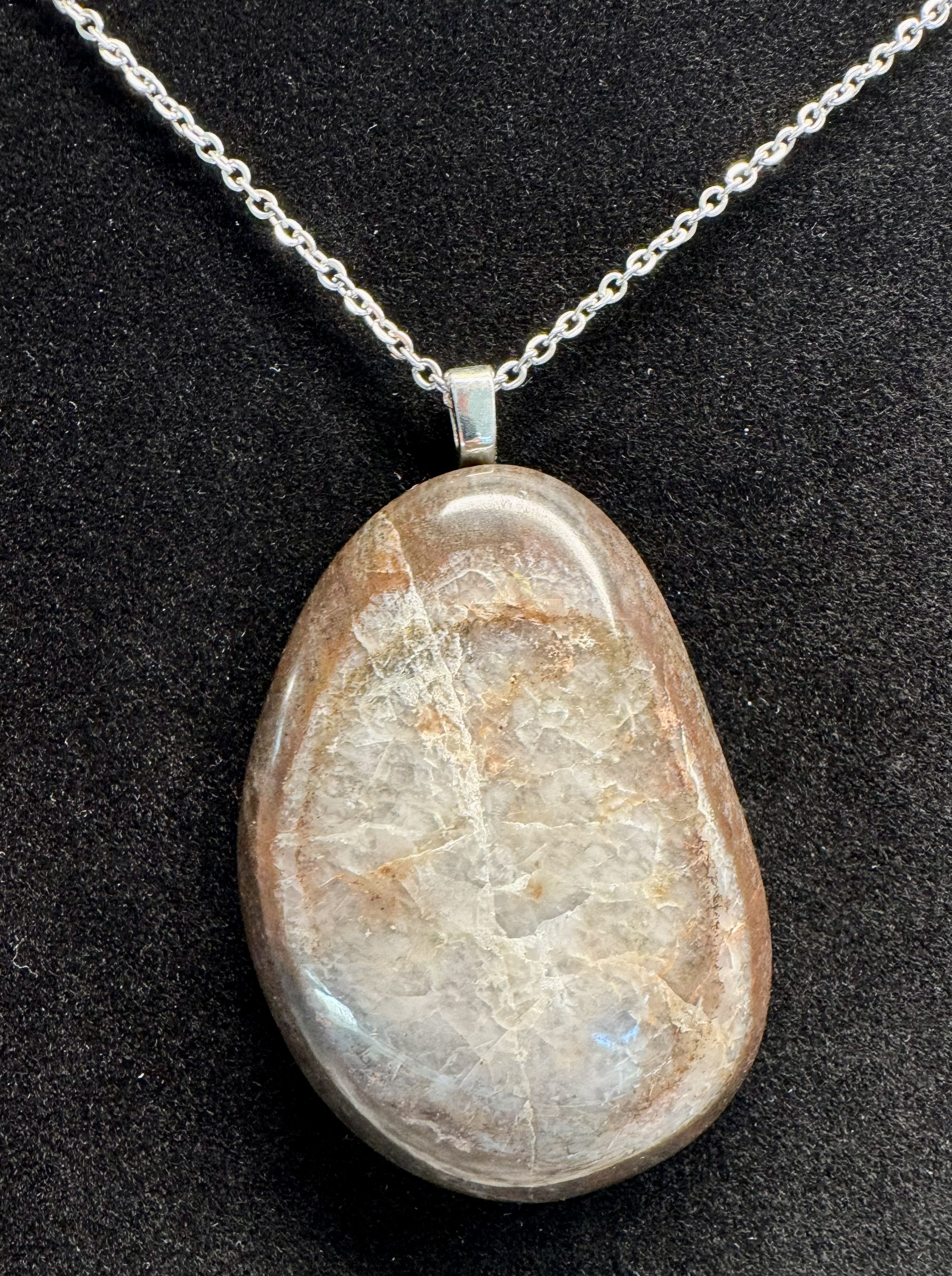 Quartz and Basalt Stone Pendant Necklace ~2.25"x1.5" (choose link chain or snake chain in options)