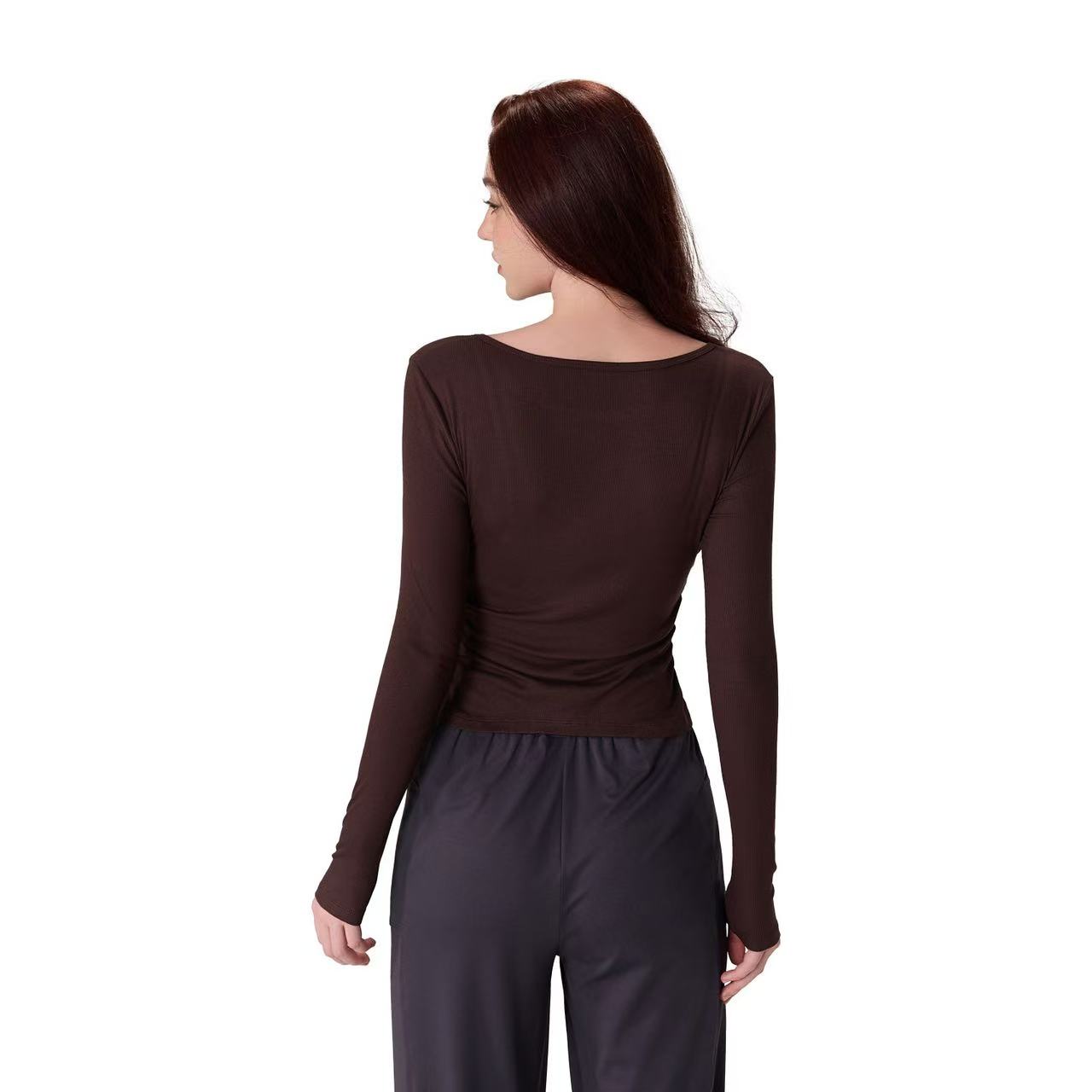Ribbed Premium Feeling Yoga Top Women Waist Slim Sports Long Sleeve Round Neck Slim Yoga Clothing