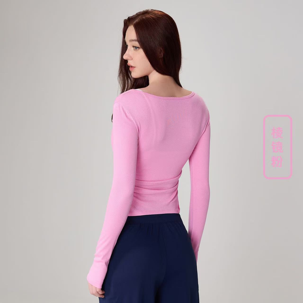 Ribbed Premium Feeling Yoga Top Women Waist Slim Sports Long Sleeve Round Neck Slim Yoga Clothing