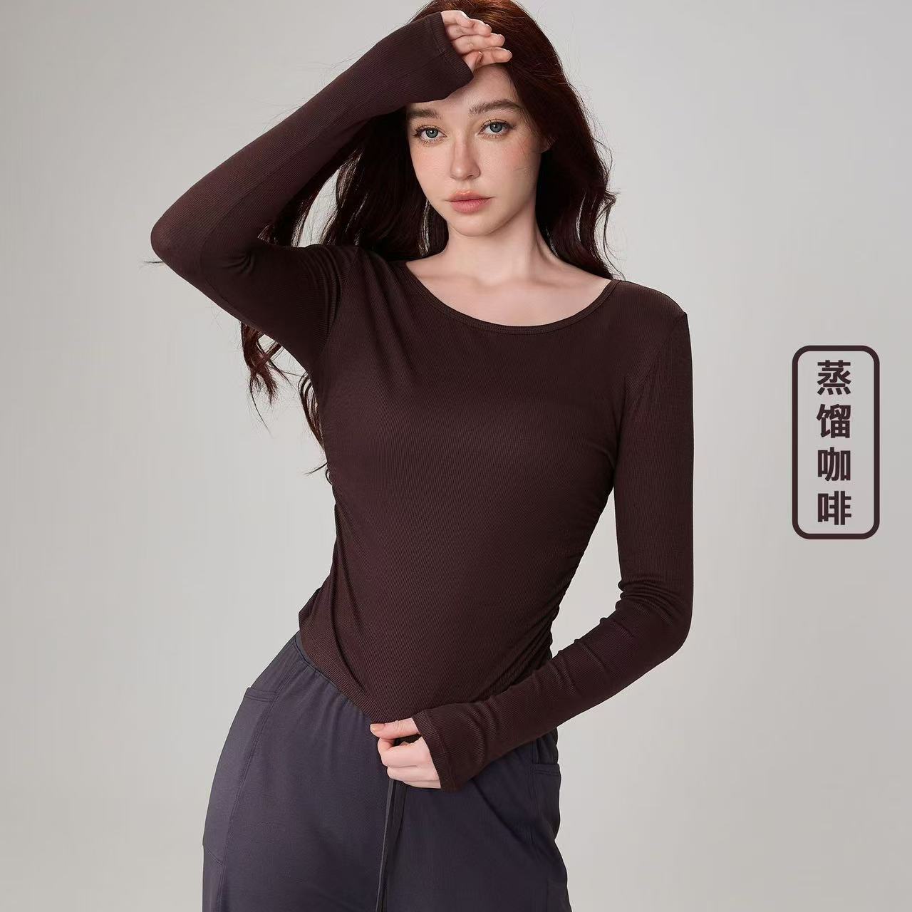 Ribbed Premium Feeling Yoga Top Women Waist Slim Sports Long Sleeve Round Neck Slim Yoga Clothing