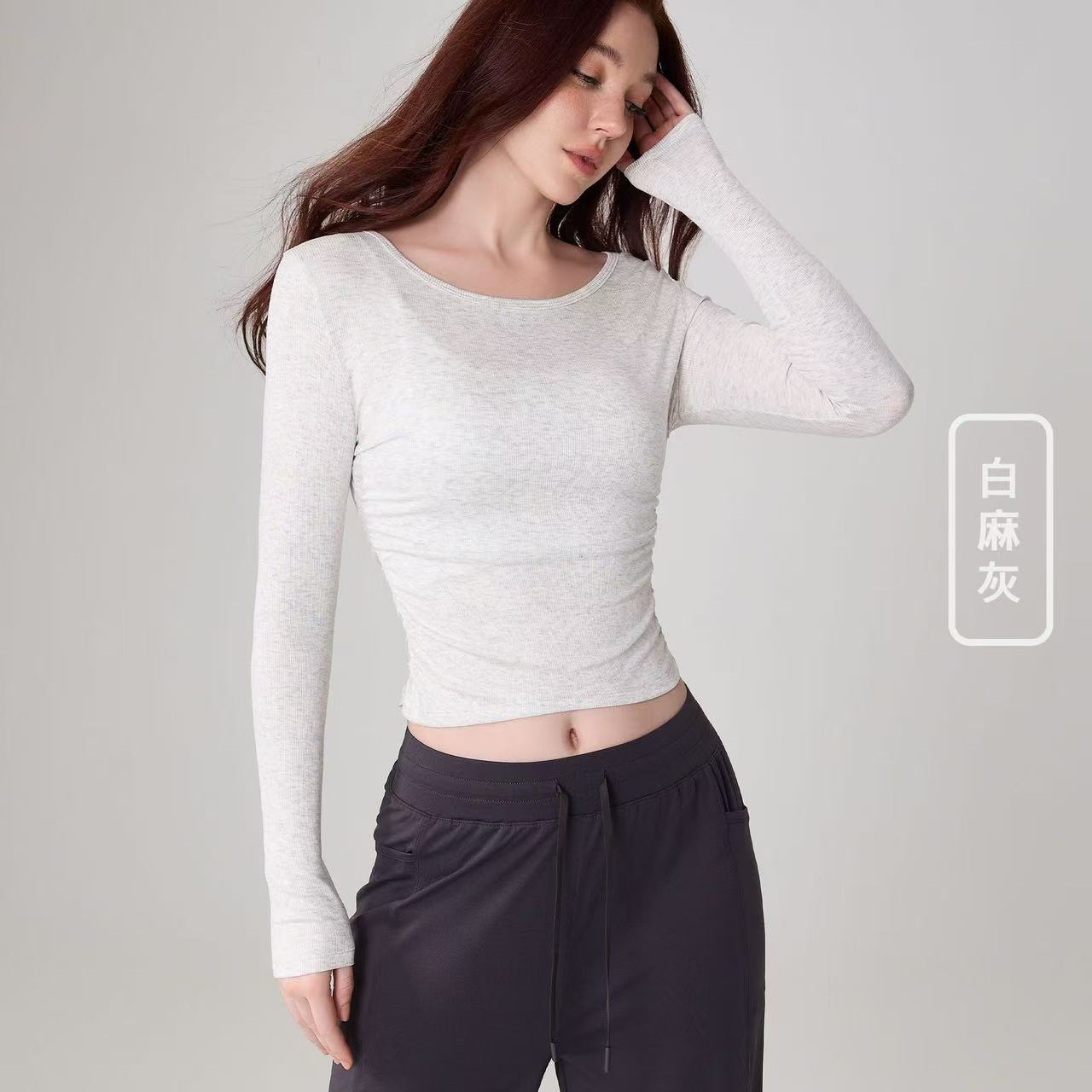 Ribbed Premium Feeling Yoga Top Women Waist Slim Sports Long Sleeve Round Neck Slim Yoga Clothing