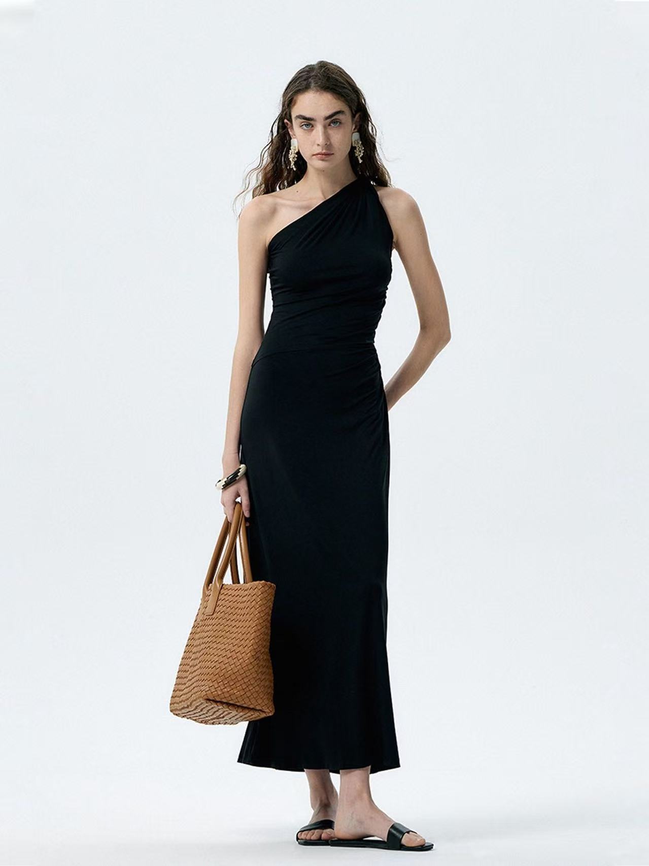French Elegant Resort Style Slant Neck Dress