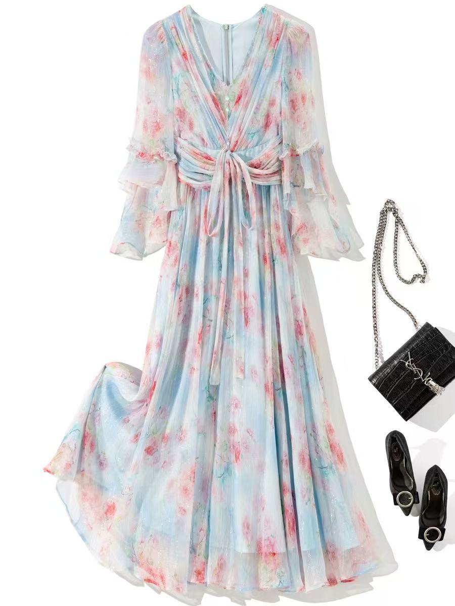 New Fashion V-neck Sequins Fairy Style Printed Dress Long Dress
