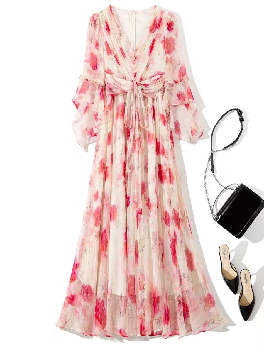 New Fashion V-neck Sequins Fairy Style Printed Dress Long Dress