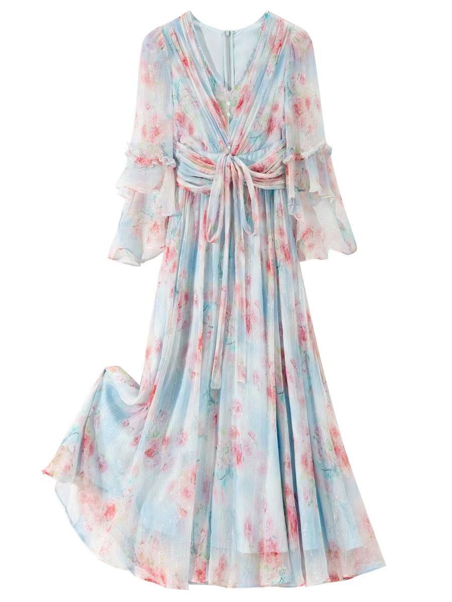 New Fashion V-neck Sequins Fairy Style Printed Dress Long Dress