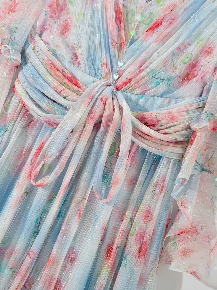 New Fashion V-neck Sequins Fairy Style Printed Dress Long Dress
