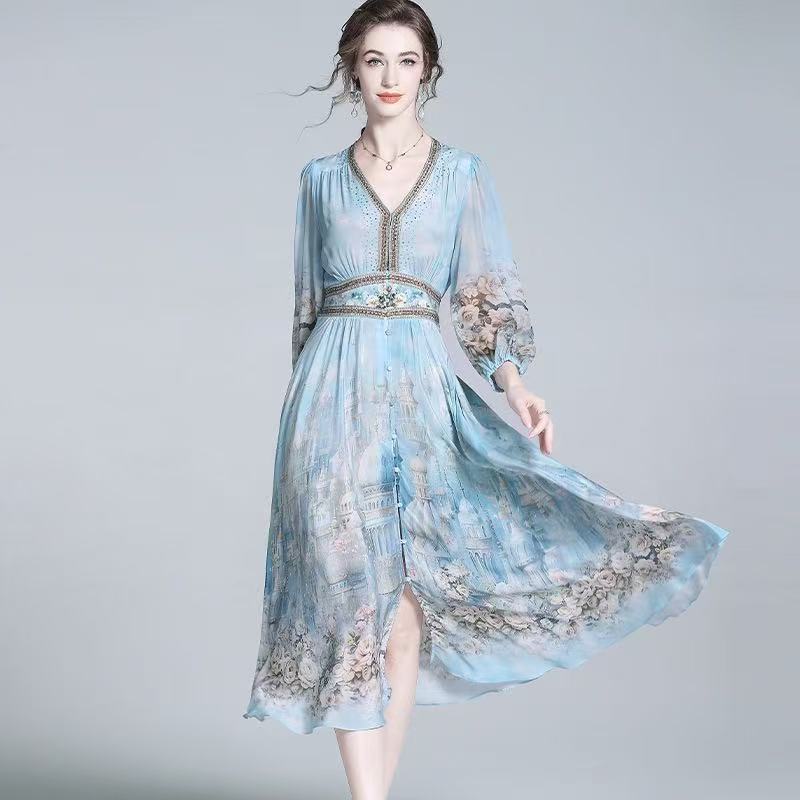 Blue silk dress summer new light luxury celebrity style French dress mulberry silk temperament printing skirt