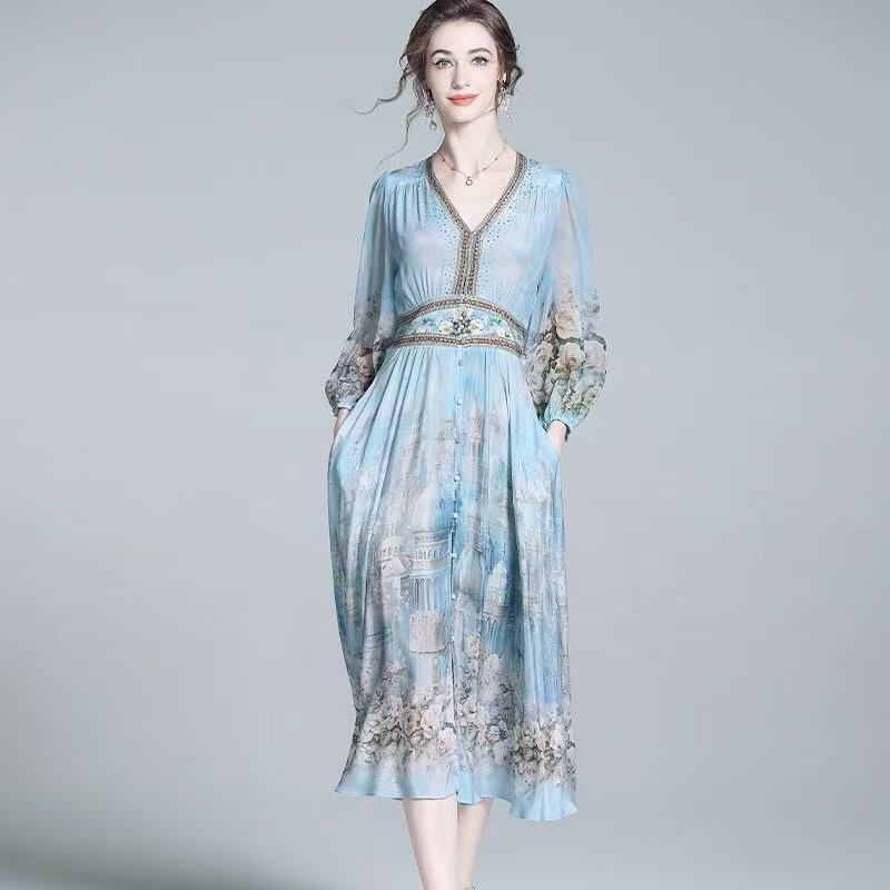 Blue silk dress summer new light luxury celebrity style French dress mulberry silk temperament printing skirt
