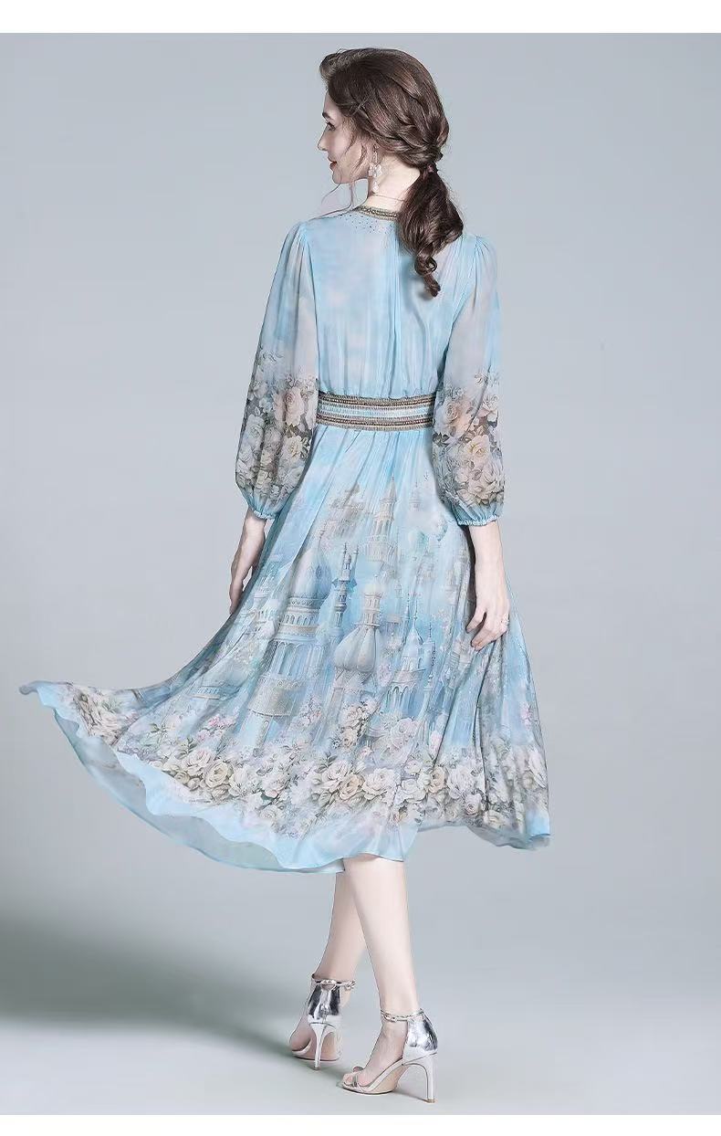 Blue silk dress summer new light luxury celebrity style French dress mulberry silk temperament printing skirt