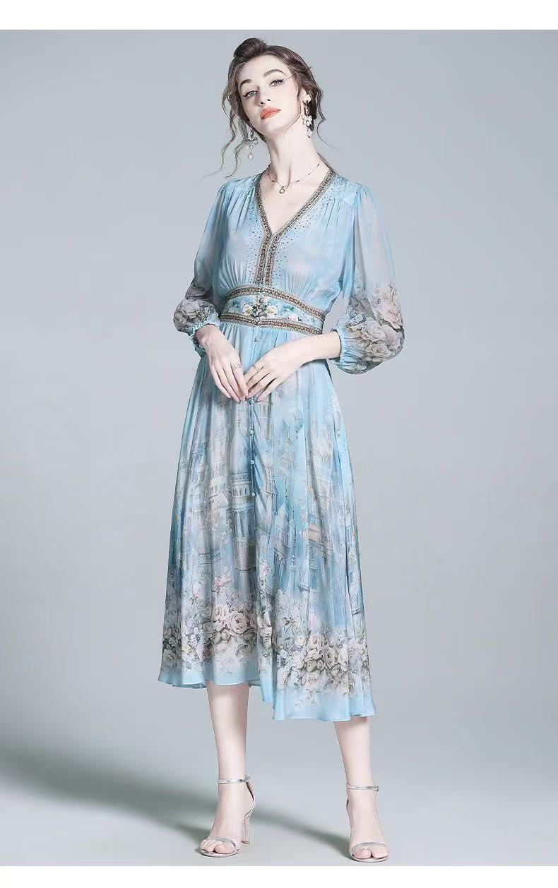 Blue silk dress summer new light luxury celebrity style French dress mulberry silk temperament printing skirt
