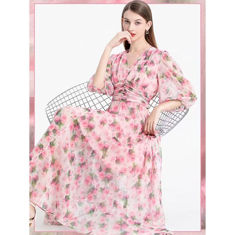 Silk printed dress summer new thin gentle French floral dress ageing thin tea break skirt