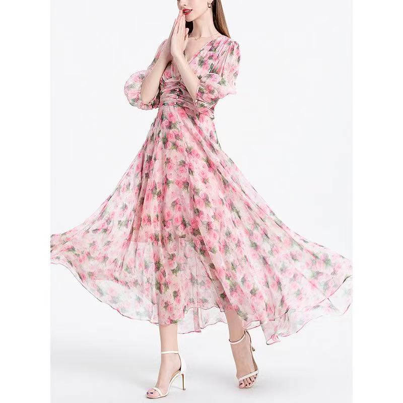 Silk printed dress summer new thin gentle French floral dress ageing thin tea break skirt