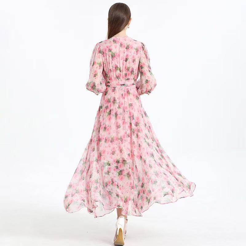 Silk printed dress summer new thin gentle French floral dress ageing thin tea break skirt