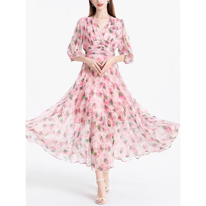 Silk printed dress summer new thin gentle French floral dress ageing thin tea break skirt