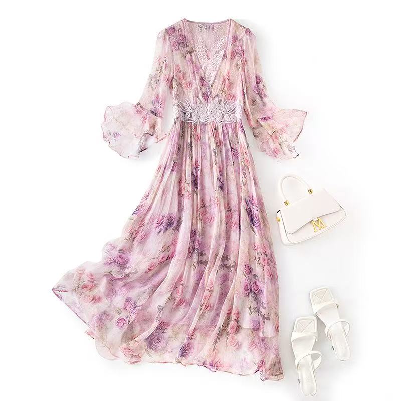 Sweet temperament floral silk dress summer new female Slim thin ruffle sleeve skirt