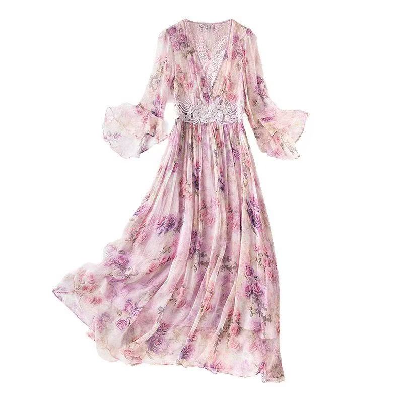 Sweet temperament floral silk dress summer new female Slim thin ruffle sleeve skirt