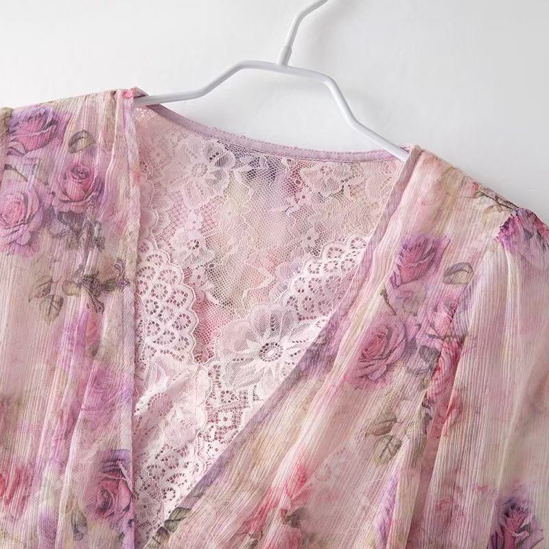 Sweet temperament floral silk dress summer new female Slim thin ruffle sleeve skirt