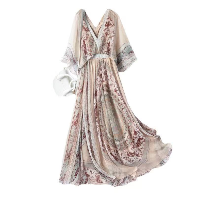 Silk mulberry silk dress V-neck printed foreign temperament vacation long dress alone