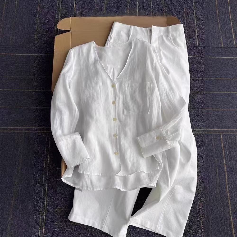 French High-end Sophisticated White Linen Blouse Top for Women