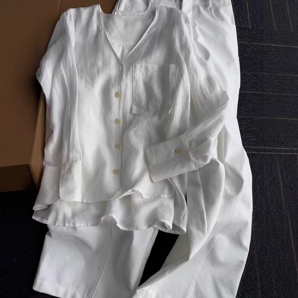 French High-end Sophisticated White Linen Blouse Top for Women