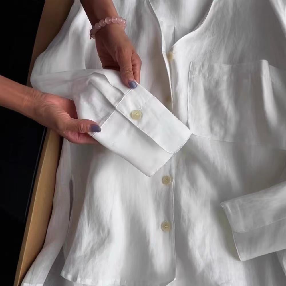 French High-end Sophisticated White Linen Blouse Top for Women