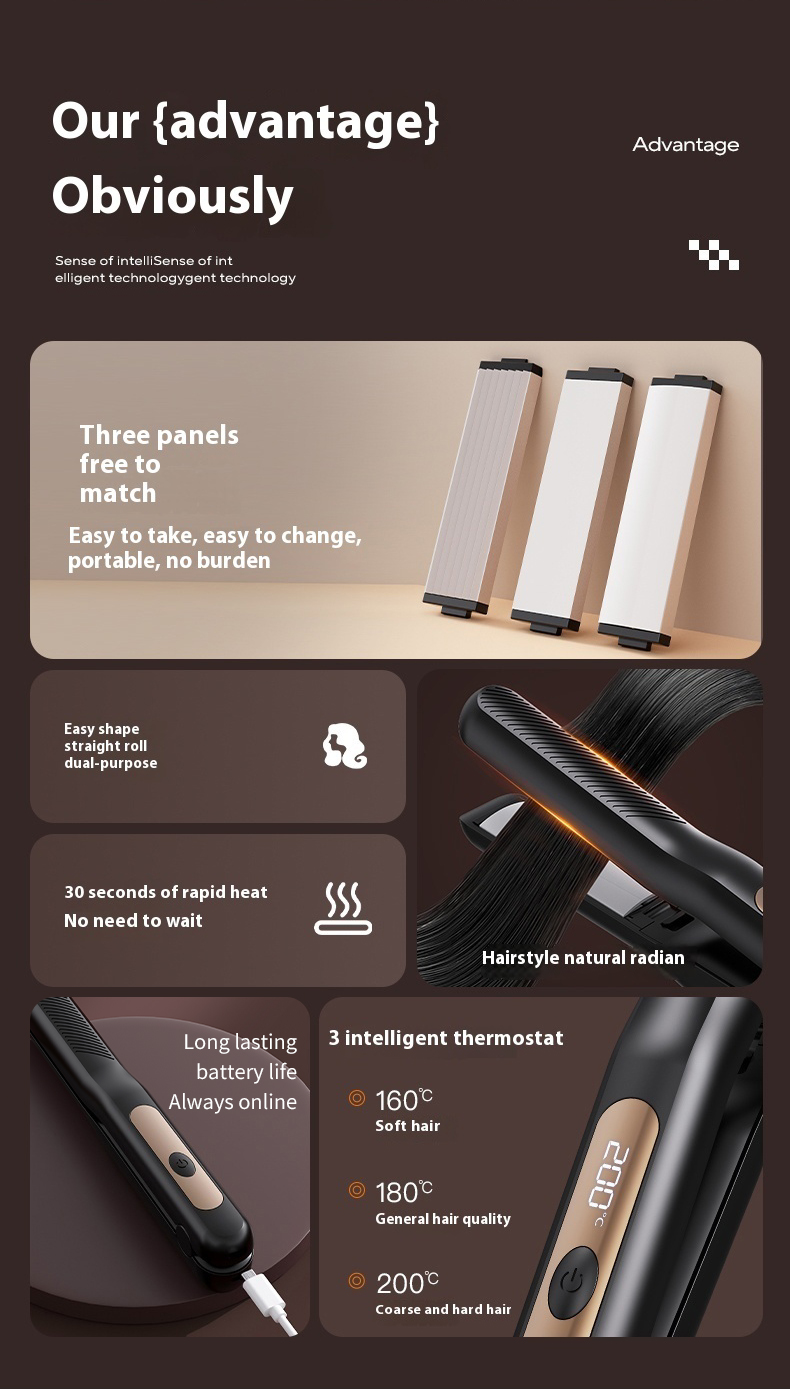 3-in-1 Cordless Straightening Clip Multi-Functional Head-Changing Straight and Curl Dual Purpose Curling Wand