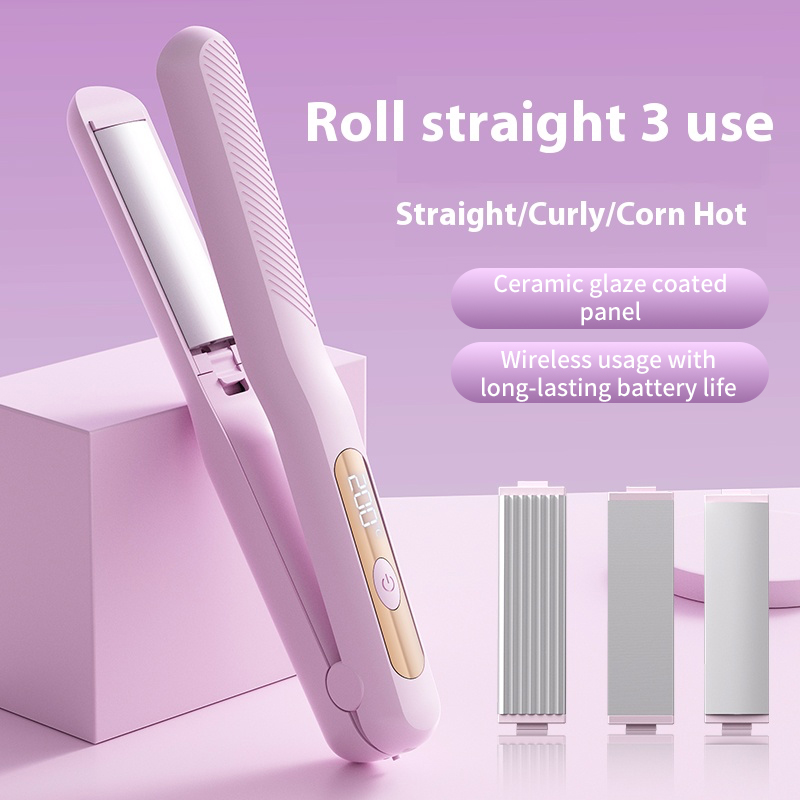 3-in-1 Cordless Straightening Clip Multi-Functional Head-Changing Straight and Curl Dual Purpose Curling Wand