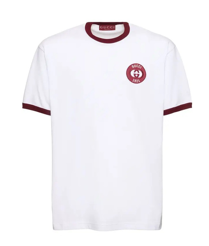 Mens White Gucci 1921 Red Logo Embroidered Cotton Jersey T-Shirt 
