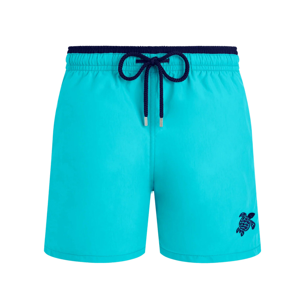 Mens Vilebrequin Bicolour Solid Moka Turtle Embroidered Aqua Blue Swim Shorts