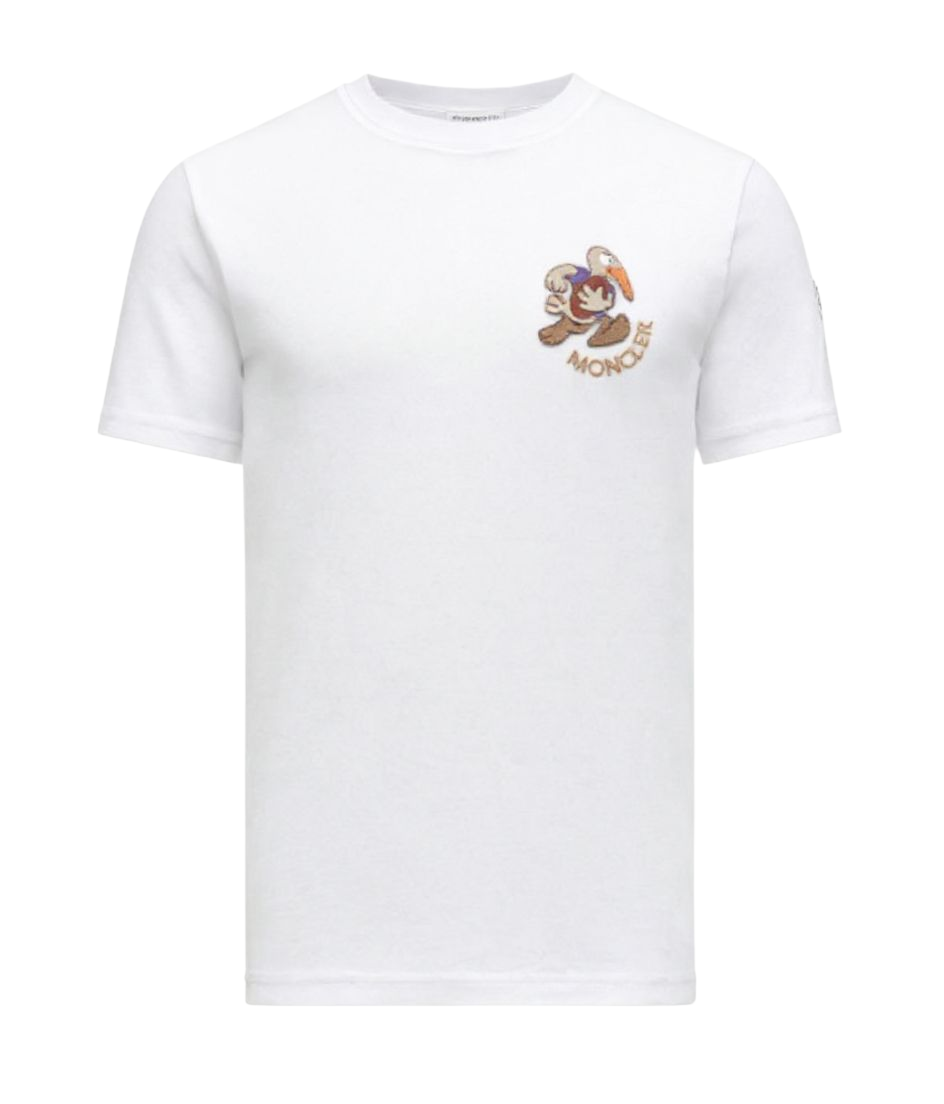 Mens White Moncler Embroidered Rugby Duck Logo Patch Cotton Short Sleeve Tshirt