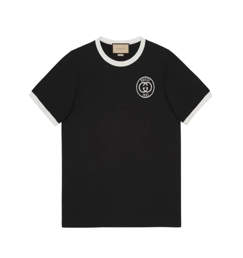 Mens Gucci Embroidered 1921 GG Patch Logo 'Black Crewneck Cotton Jersey T-Shirt