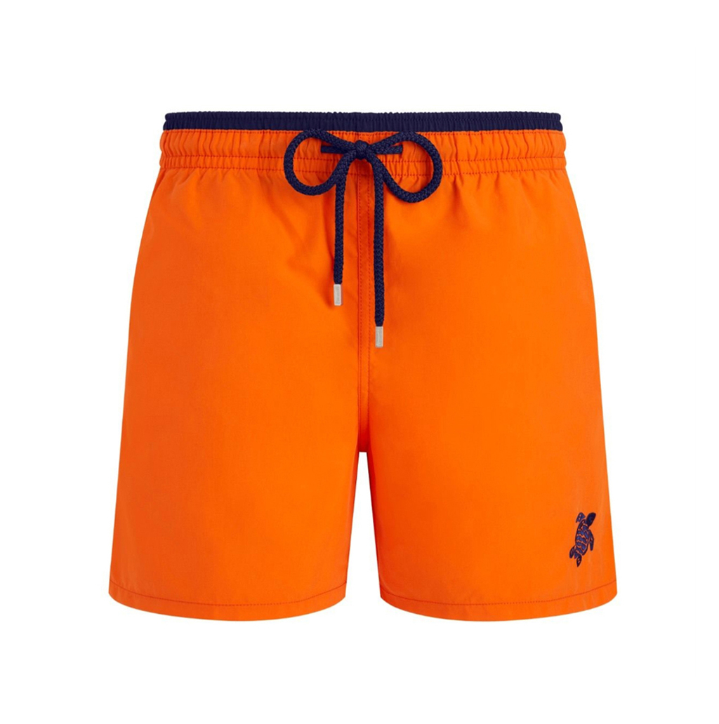 Mens Vilebrequin Bicolour Solid Moka Turtle Embroidered Orange Swim Shorts