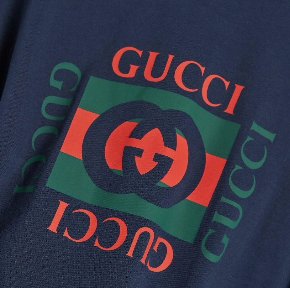Mens Navy Blue Gucci Interlocking Box Logo Print Cotton Jersey T-Shirt 