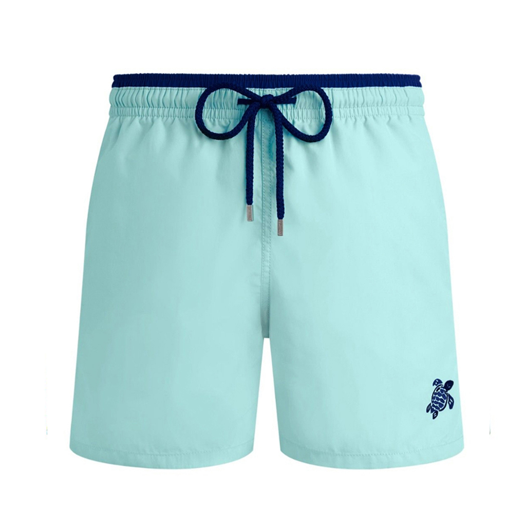 Mens Vilebrequin Bicolour Solid Moka Turtle Embroidered Blue Note Swim Shorts