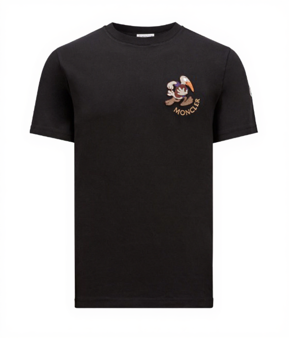 Mens Black Moncler Embroidered Rugby Duck Logo Patch Cotton Short Sleeve Tshirt