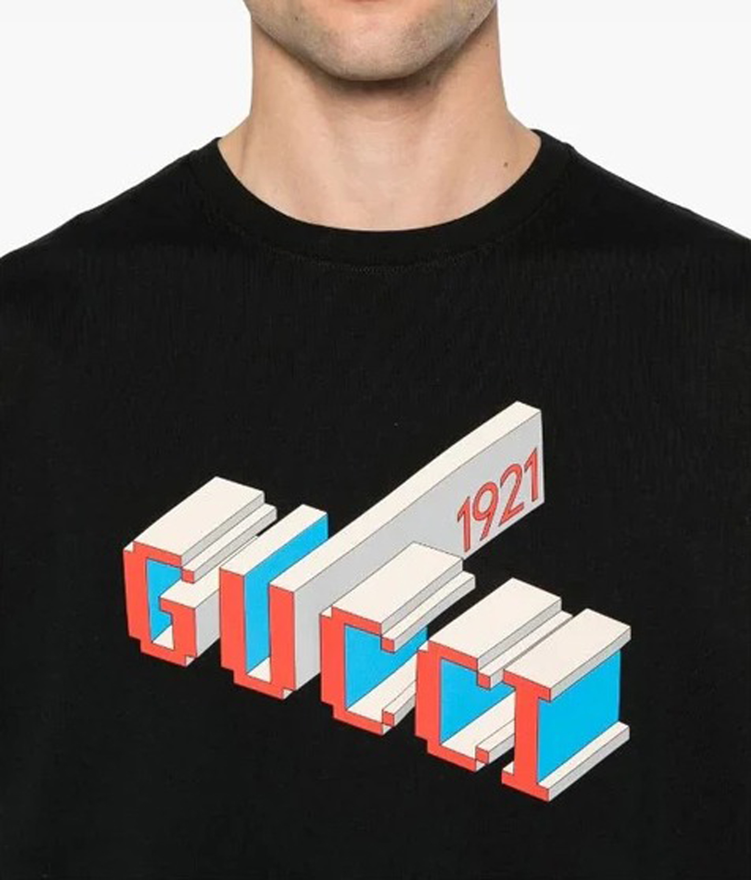 Mens Gucci 3D 1921 Logo Print 'Black Crewneck Cotton Jersey T-Shirt 