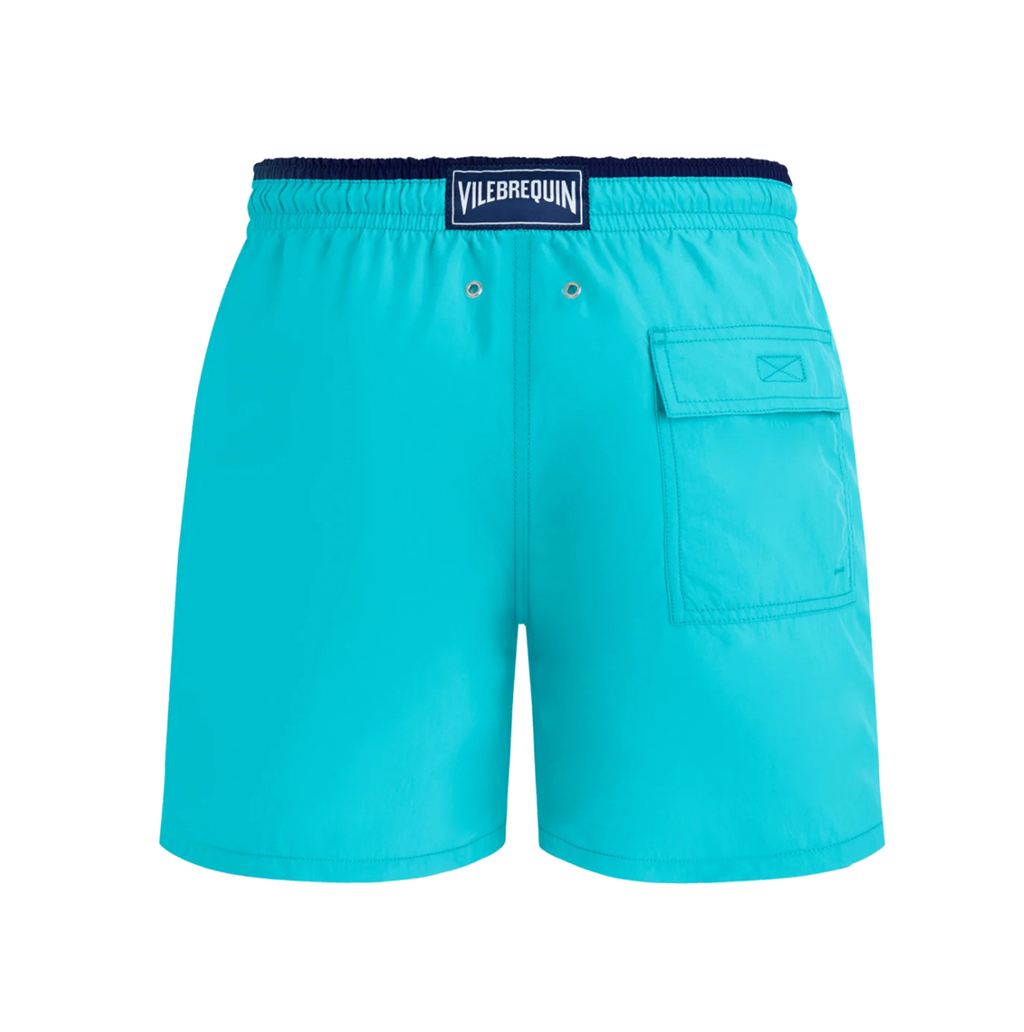 Mens Vilebrequin Bicolour Solid Moka Turtle Embroidered Aqua Blue Swim Shorts