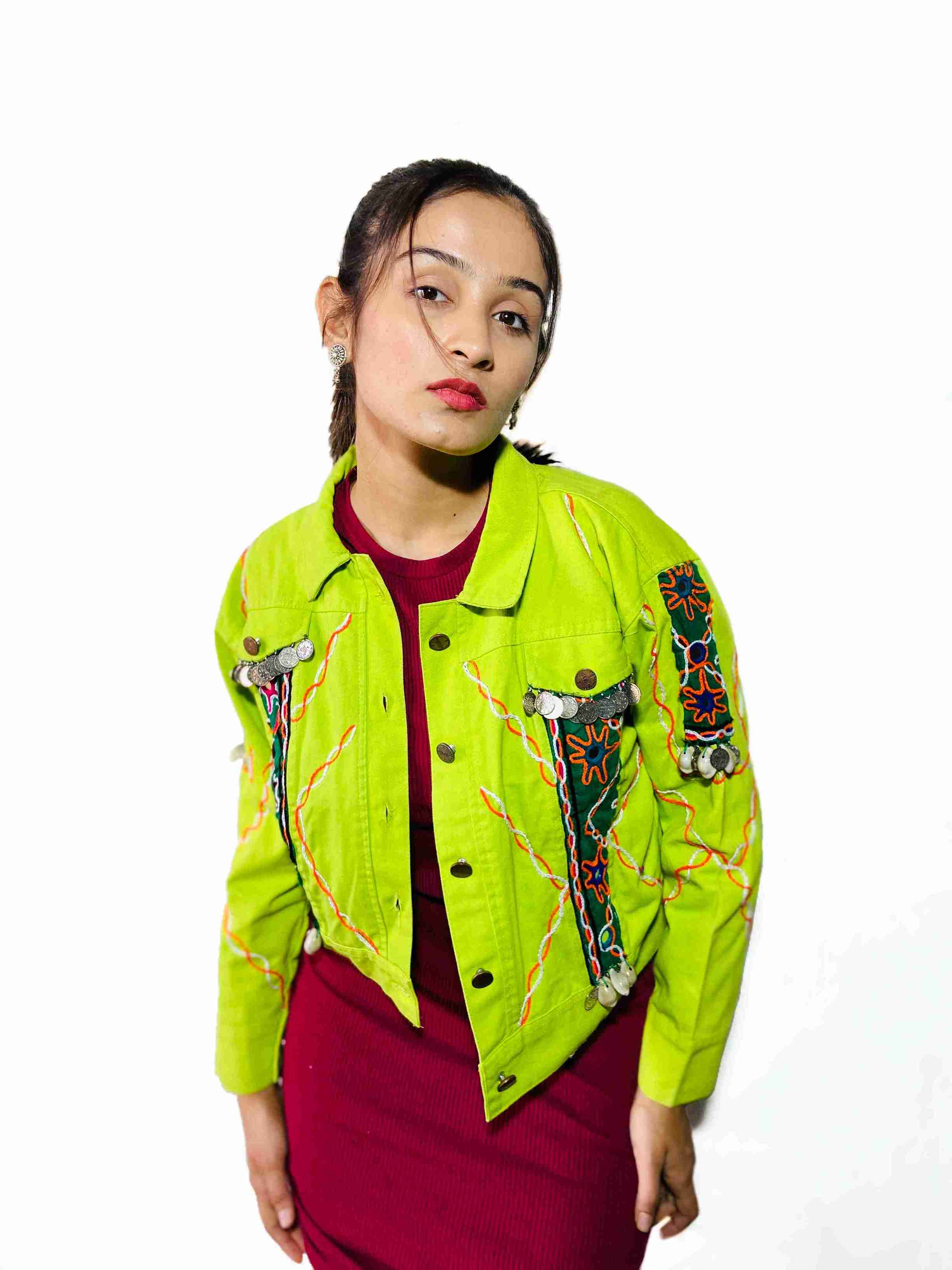 Neo-Tribal mirrorwork Jacket in lime green