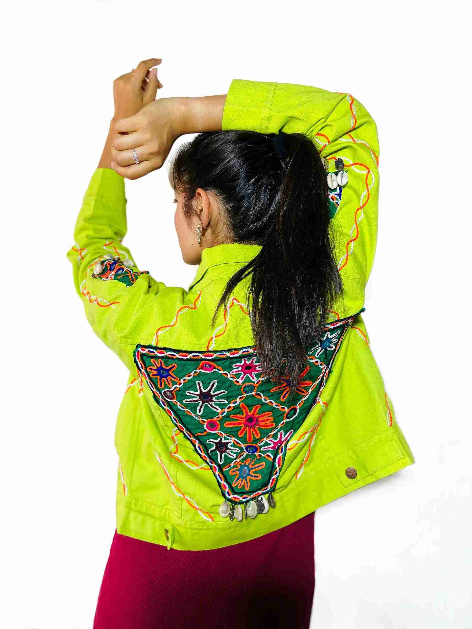 Neo-Tribal mirrorwork Jacket in lime green