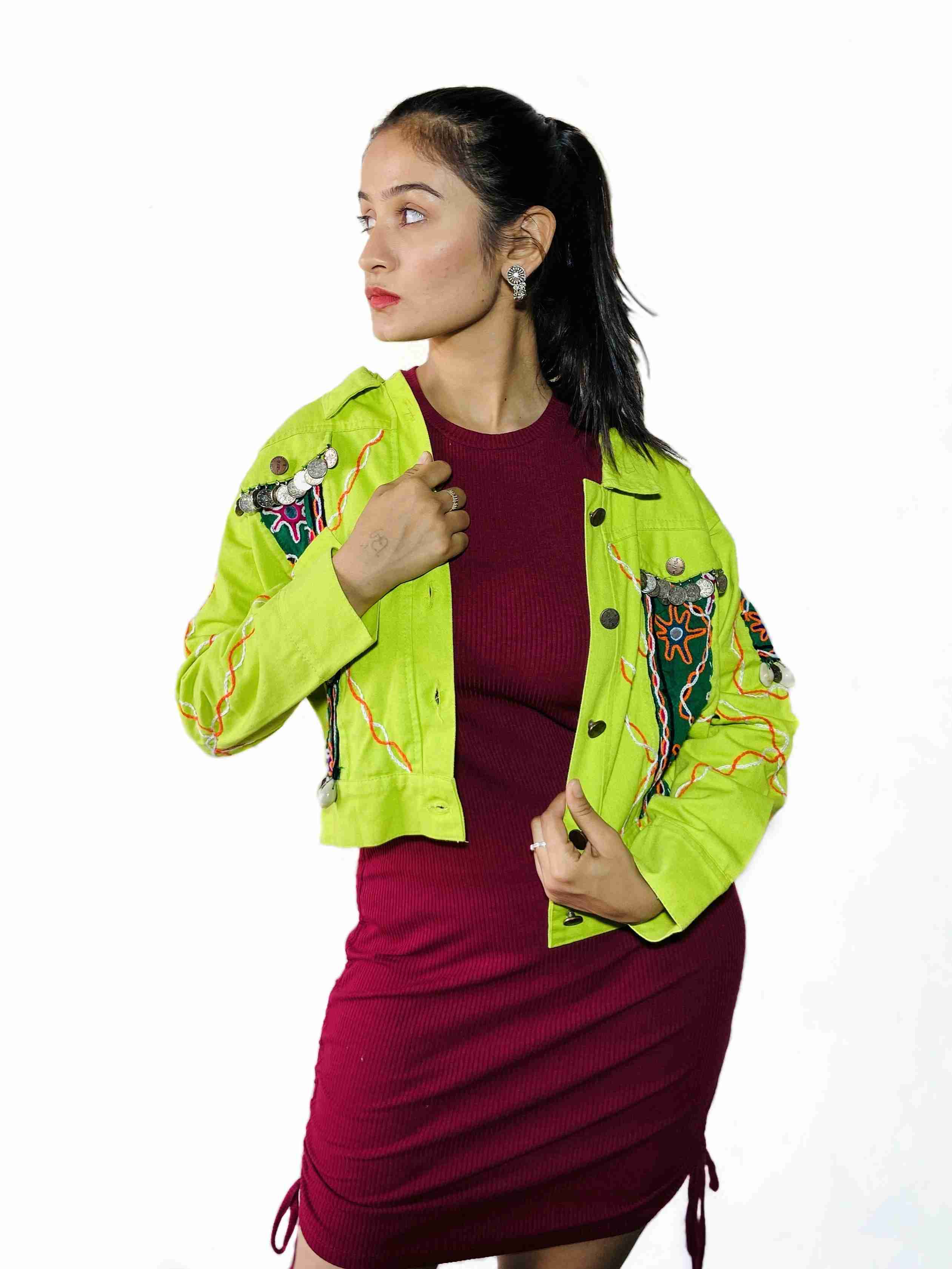 Neo-Tribal mirrorwork Jacket in lime green