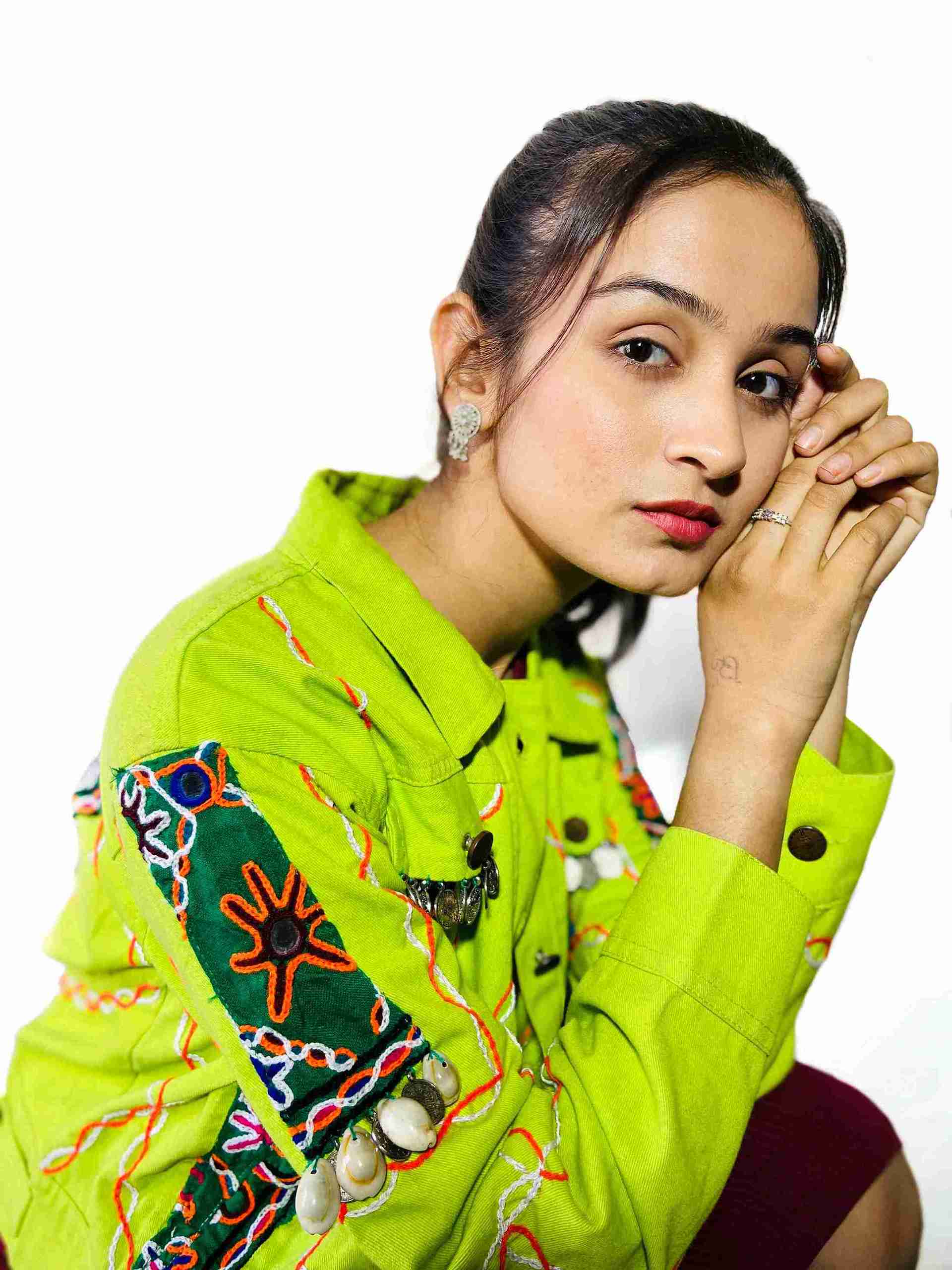 Neo-Tribal mirrorwork Jacket in lime green