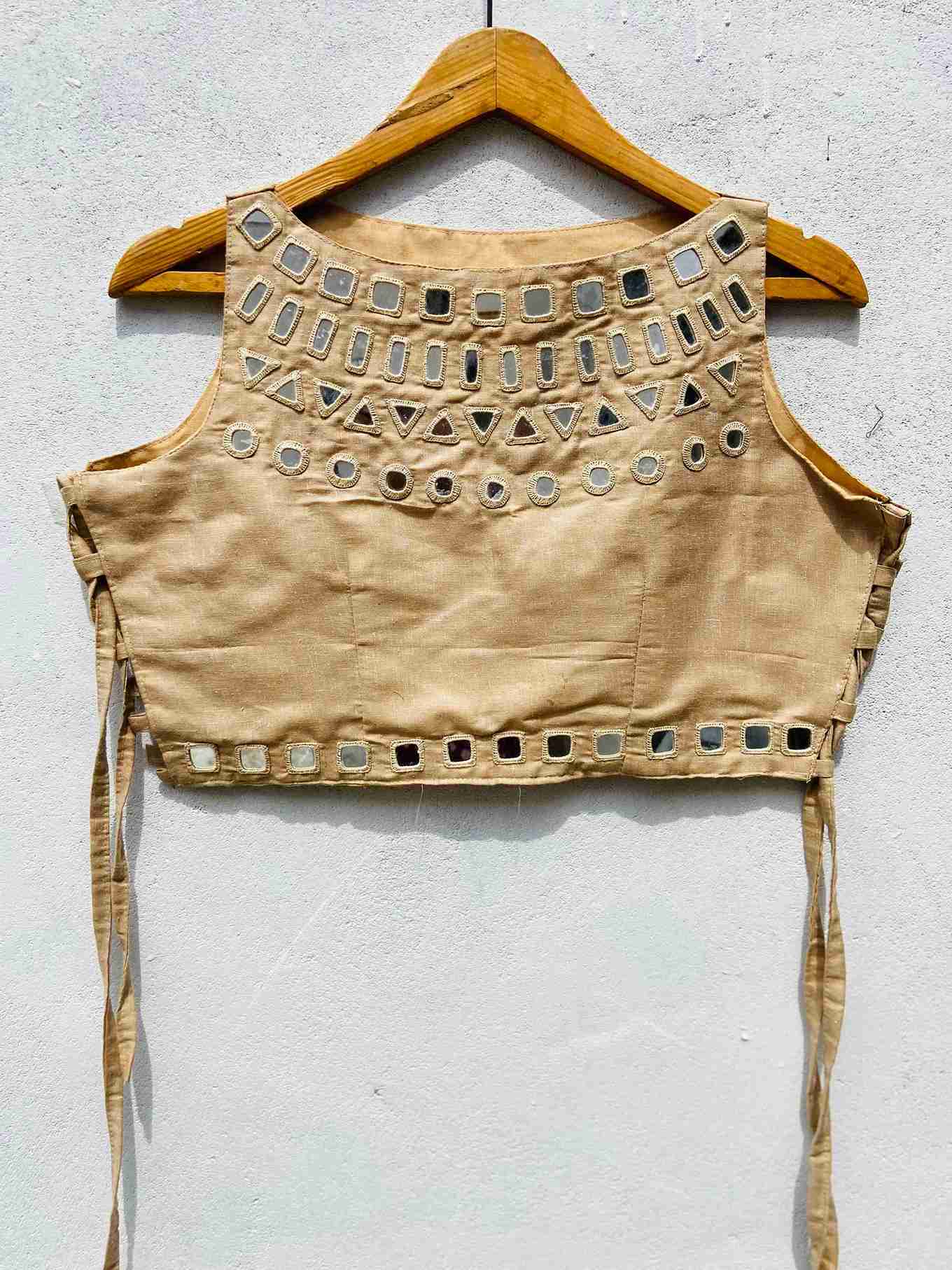 Geometric Mirror Work Khadi Corset Blouse in Sand Beige