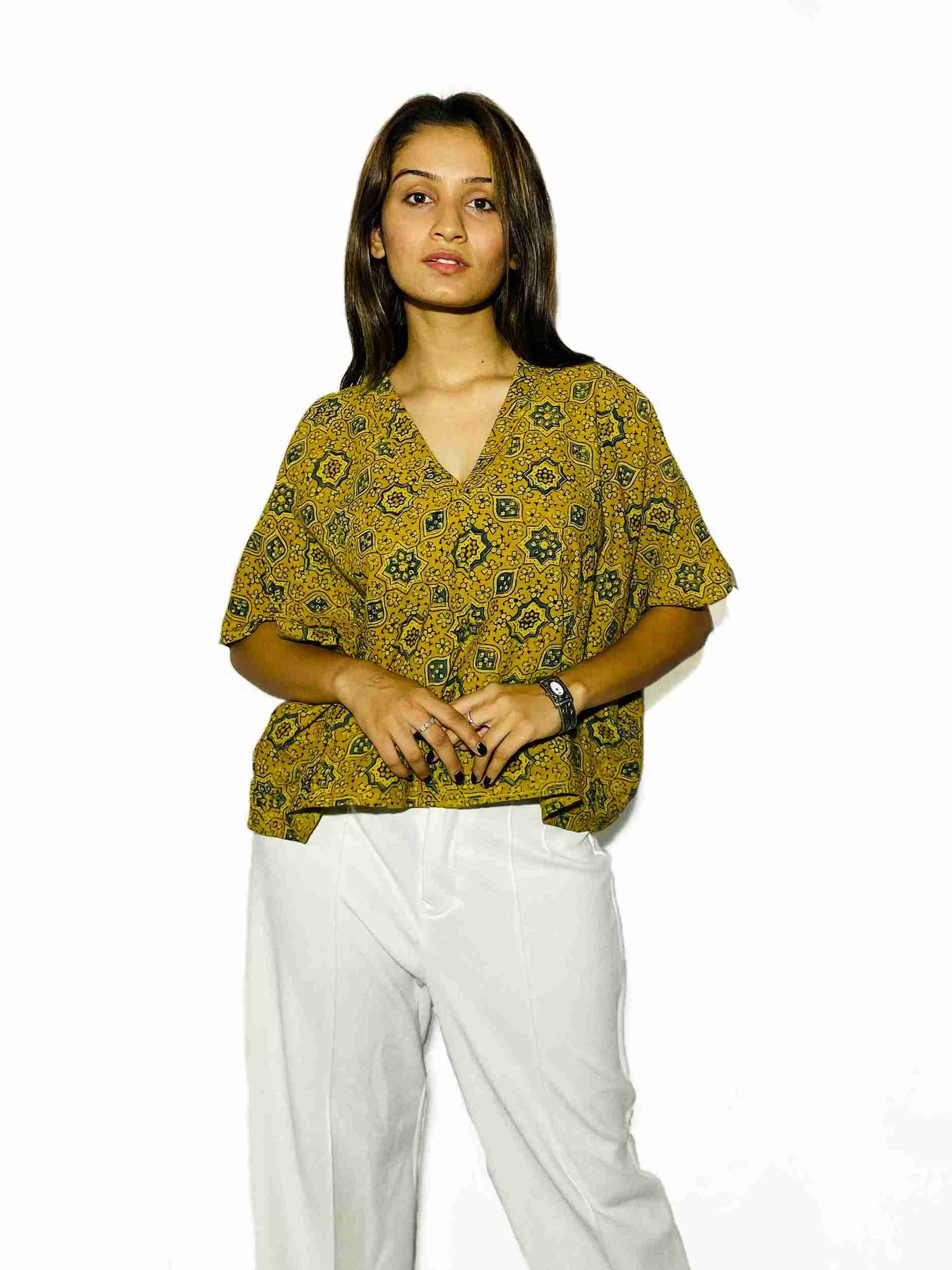 Mustard Mosaic Handblock Boxy Fit Shirt