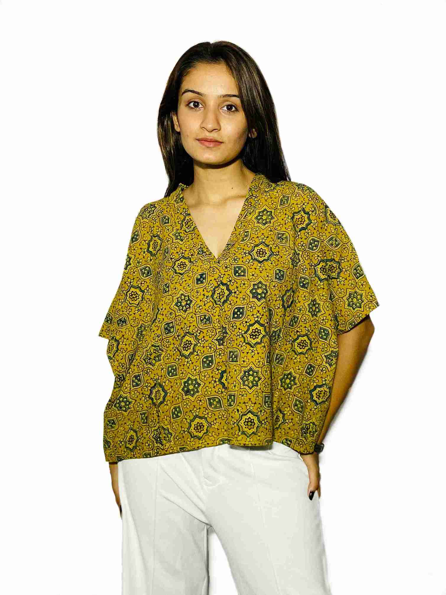 Mustard Mosaic Handblock Boxy Fit Shirt